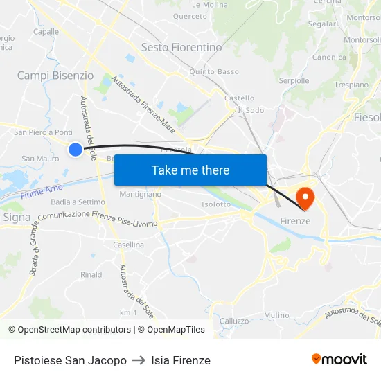 Pistoiese San Jacopo to ISIA Florence map