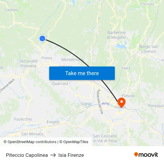 Piteccio Terminus to ISIA Florence map