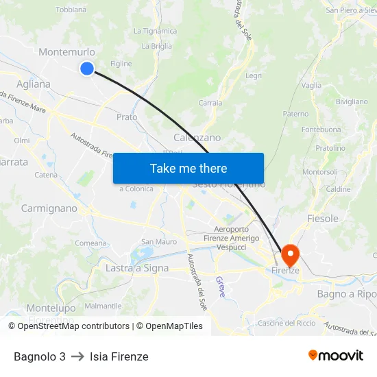 Bagnolo 3 to ISIA Florence map