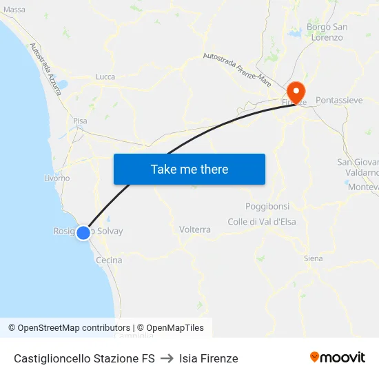 Castiglioncello Railway Station to ISIA Florence map