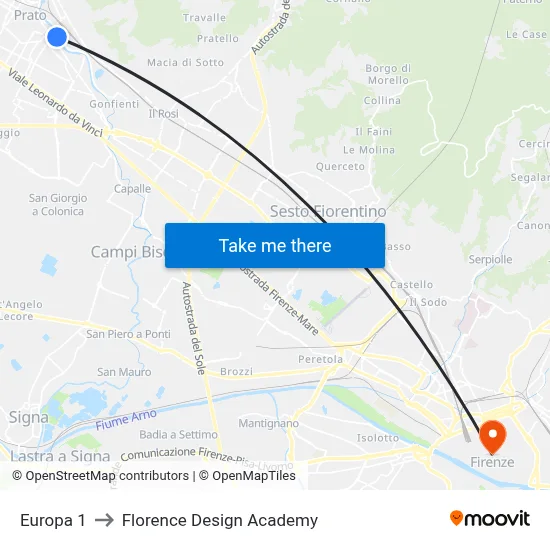 Europe 1 to Florence Design Academy map