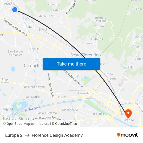 Europa 2 to Florence Design Academy map