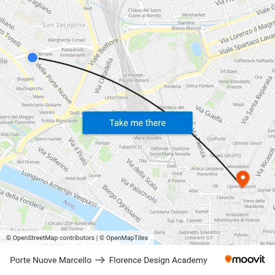 Porte Nuove Marcello to Florence Design Academy map