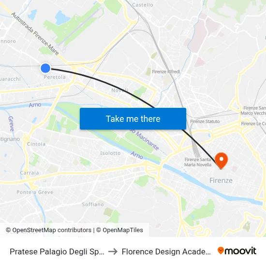 Pratese Palagio Degli Spini to Florence Design Academy map