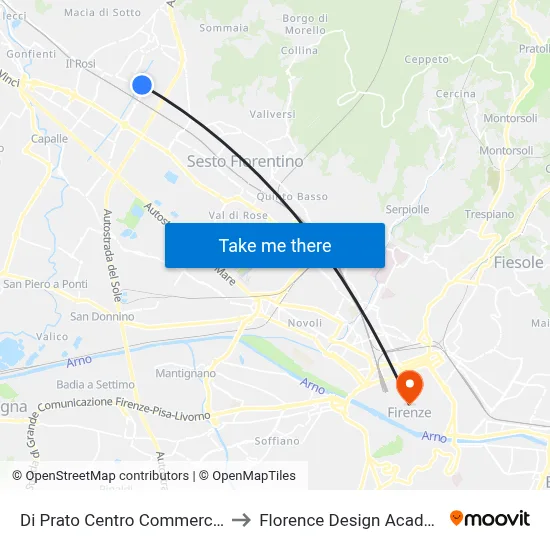 Di Prato Shopping Center to Florence Design Academy map
