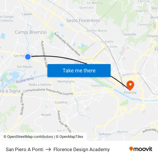 San Piero A Ponti to Florence Design Academy map