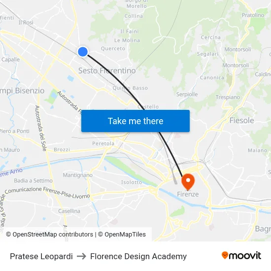 Pratese Leopardi to Florence Design Academy map