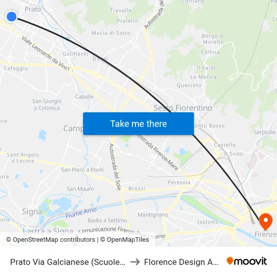 Prato Via Galcianese (Dossetti Schools) to Florence Design Academy map