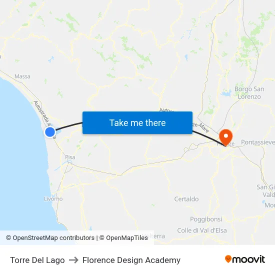 Torre Del Lago to Florence Design Academy map