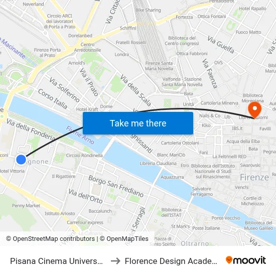 Pisan Universal Cinema to Florence Design Academy map