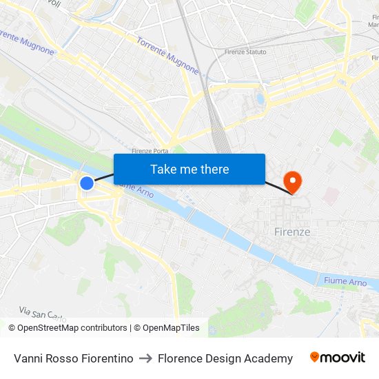 Vanni Rosso Fiorentino to Florence Design Academy map