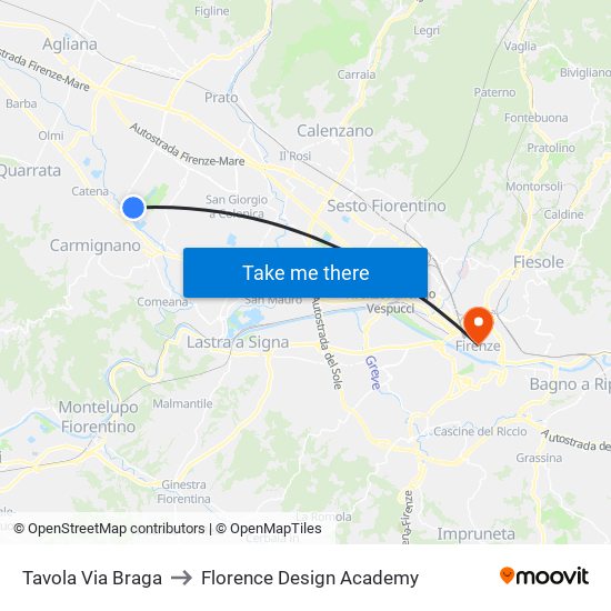 Tavola Via Braga to Florence Design Academy map