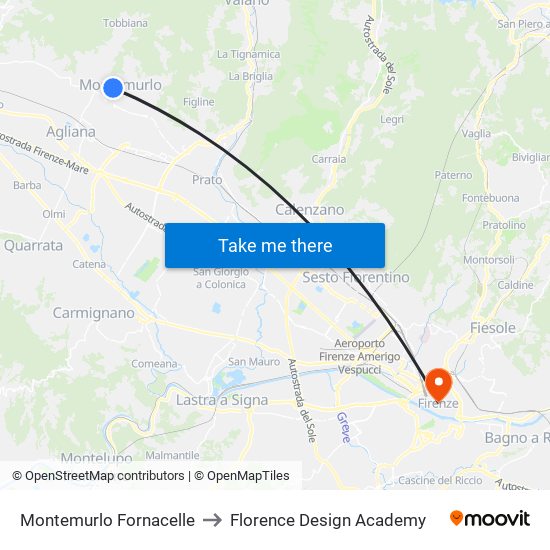 Montemurlo Fornacelle to Florence Design Academy map