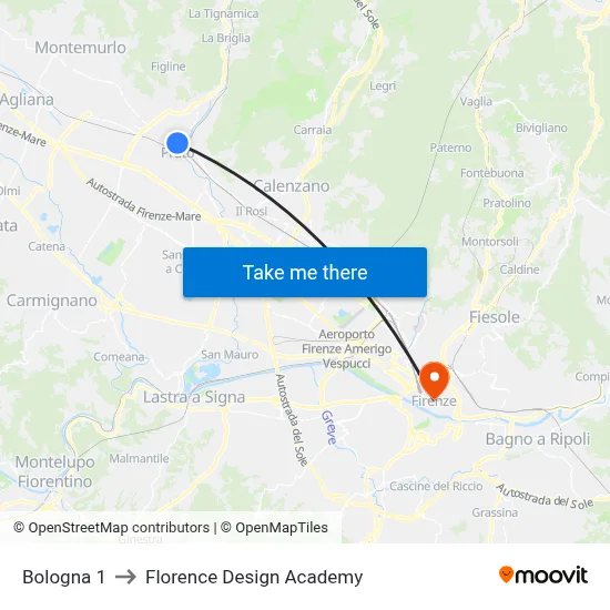 Bologna 1 to Florence Design Academy map