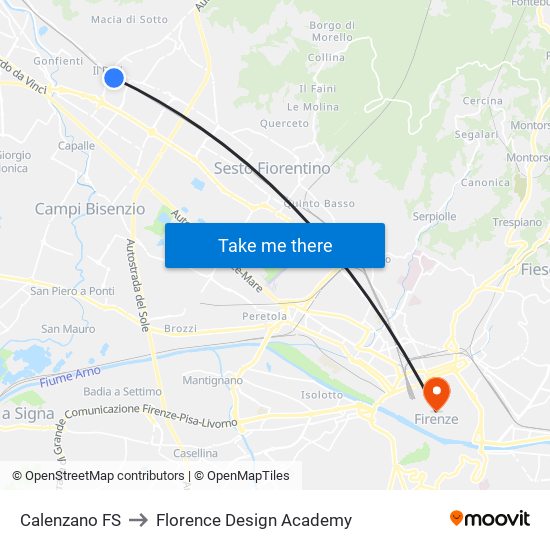 Calenzano FS to Florence Design Academy map