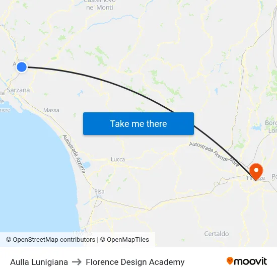 Aulla Lunigiana to Florence Design Academy map