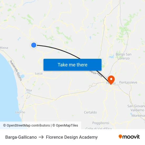 Barga-Gallicano to Florence Design Academy map
