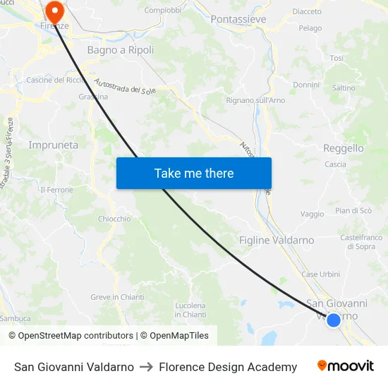San Giovanni Valdarno to Florence Design Academy map