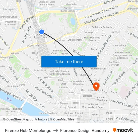 Florence Montelungo Hub to Florence Design Academy map