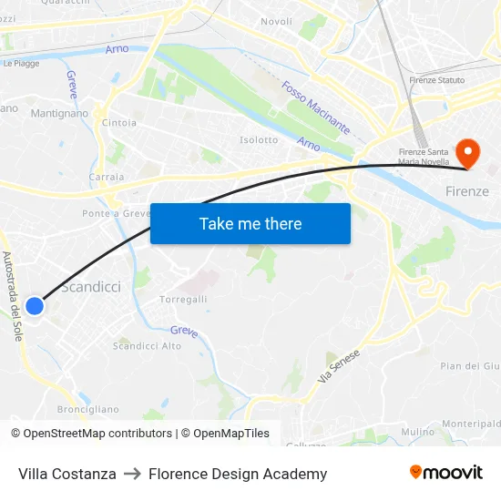 Villa Costanza to Florence Design Academy map