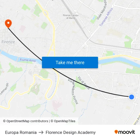Europe Romania to Florence Design Academy map