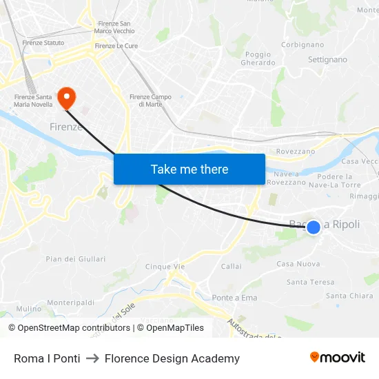 Roma I Ponti to Florence Design Academy map