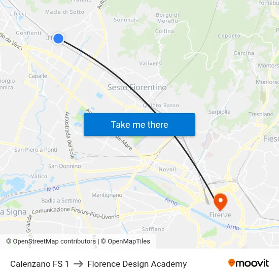 Calenzano Station 1 to Florence Design Academy map