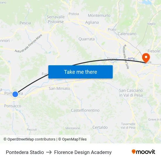 Pontedera Stadium to Florence Design Academy map