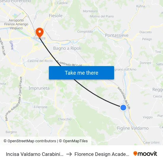 Incisa Valdarno Carabinieri to Florence Design Academy map