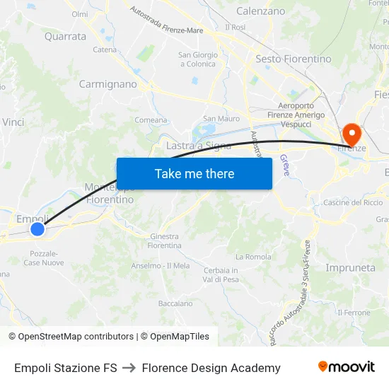 Empoli Railway Station to Florence Design Academy map