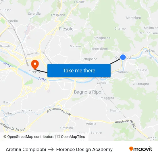 Aretina Compiobbi to Florence Design Academy map
