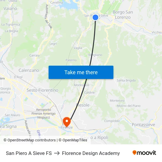 San Piero A Sieve Railway Station to Florence Design Academy map