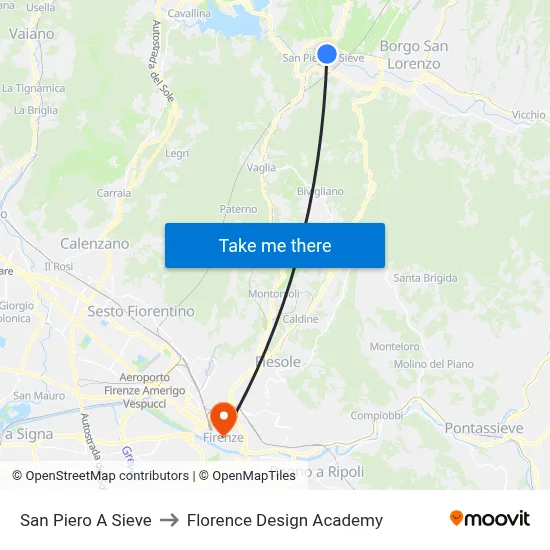 San Piero A Sieve to Florence Design Academy map