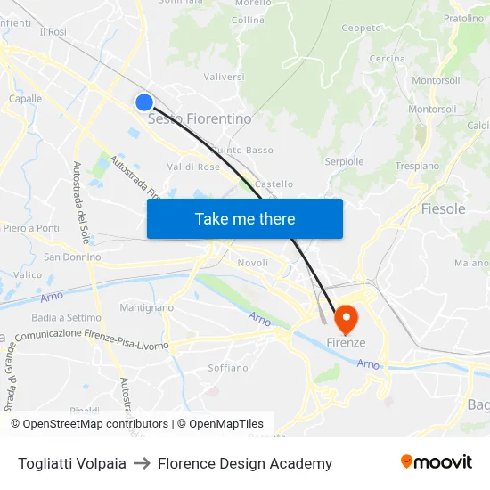 Togliatti Volpaia to Florence Design Academy map