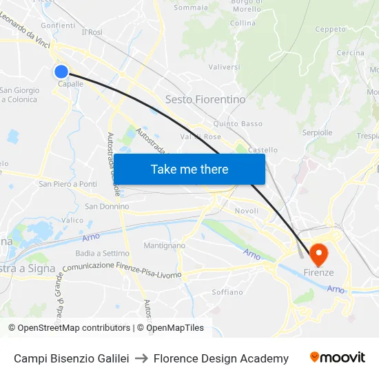 Campi Bisenzio Galilei to Florence Design Academy map