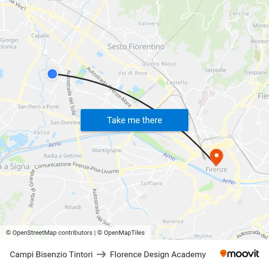 Campi Bisenzio Tintori to Florence Design Academy map