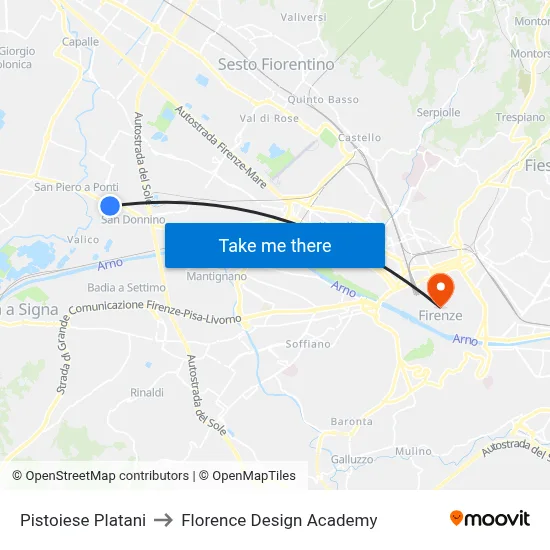 Pistoiese Platani to Florence Design Academy map