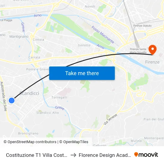 Constitution T1 Villa Costanza to Florence Design Academy map