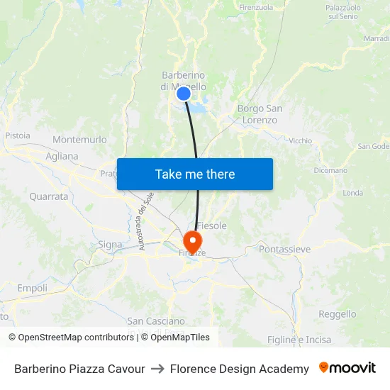 Barberino Piazza Cavour to Florence Design Academy map