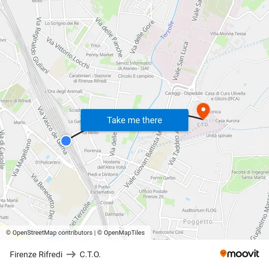 Firenze Rifredi to C.T.O. map