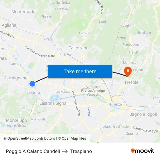 Poggio A Caiano Candeli to Trespiano map