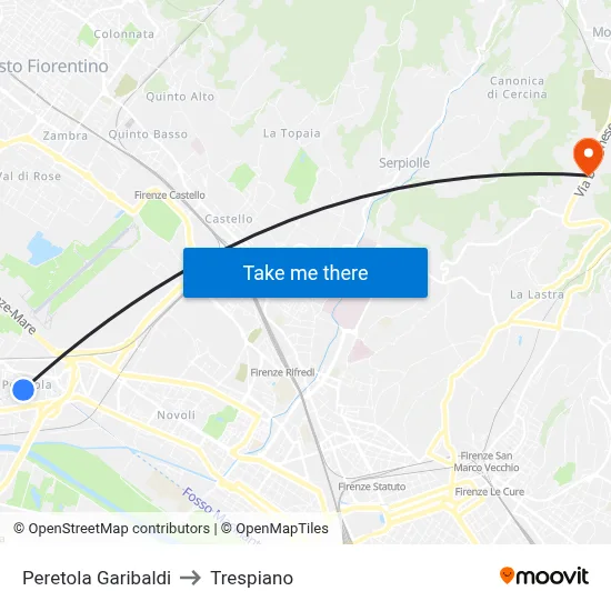 Peretola Garibaldi to Trespiano map