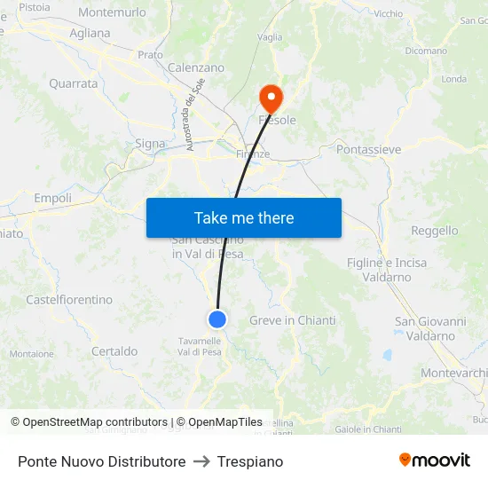 Ponte Nuovo Distributore to Trespiano map