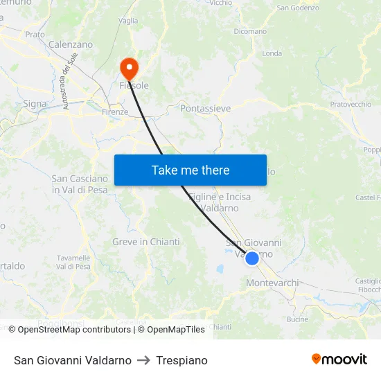 San Giovanni Valdarno to Trespiano map