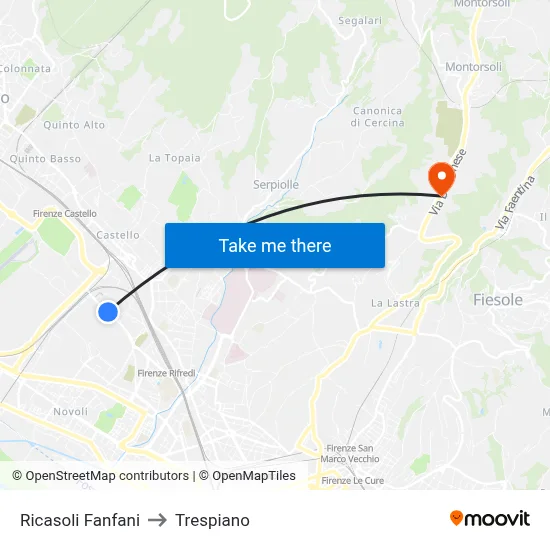 Ricasoli Fanfani to Trespiano map