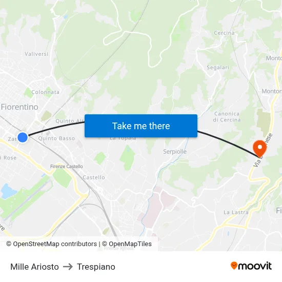 Mille Ariosto to Trespiano map