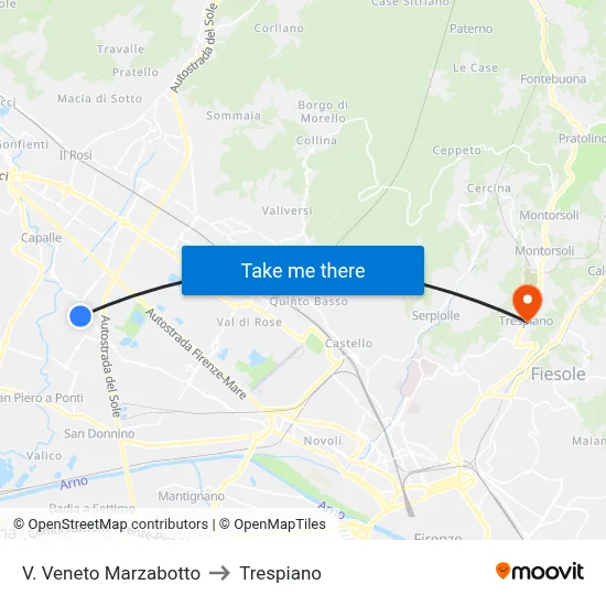 Via Veneto Marzabotto to Trespiano map