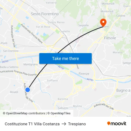 Constitution T1 Villa Costanza to Trespiano map