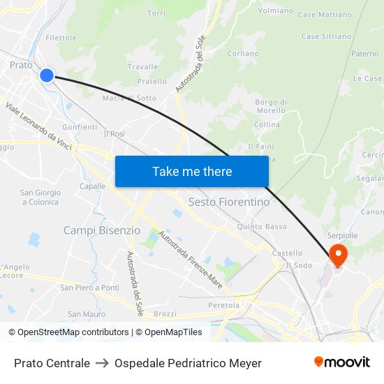 Prato Centrale to Ospedale Pedriatrico Meyer map