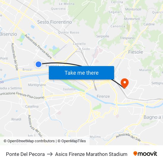 Ponte Del Pecora to Asics Firenze Marathon Stadium map